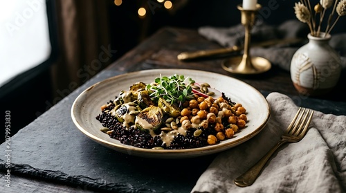 Healthy black rice bowl with roasted brussels sprouts and chickpeas