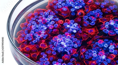 Microscopic view of glowing blue and red cells in a laboratory dish