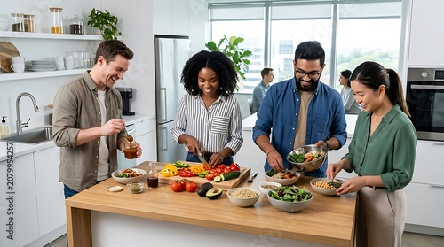 Group of diverse friends preparing healthy meals in modern kitchen