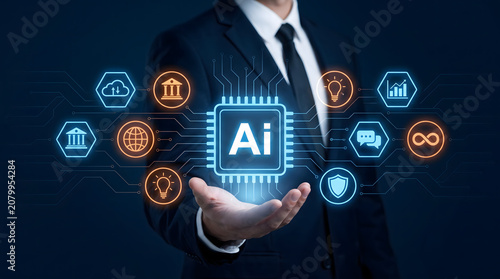Businessman Presenting Artificial Intelligence Technology on Hand with Various Icons and Neon Lights in Dark Background