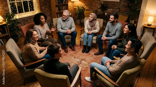 Diverse community group sharing and talking in a support meeting