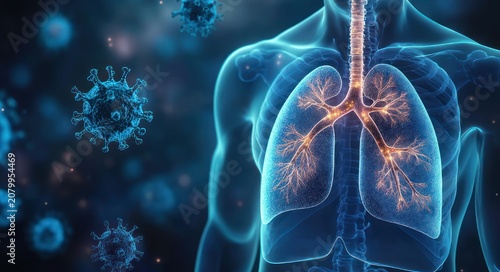 Translucent human torso with glowing lungs and bronchial tree surrounded by floating virus particles, conveying medical concern and respiratory infection risk