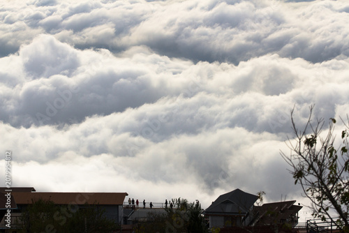 landscape view sea of mist with house on mountain