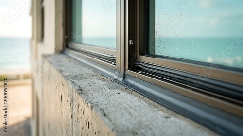 Close up of a modern window frame with ocean view