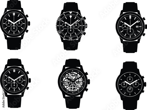 Foto Luxury wristwatch silhouettes set, black chronograph designs, stylish watch coll