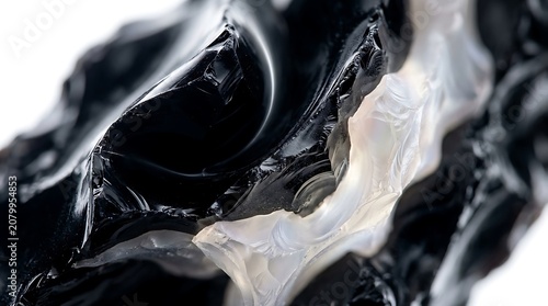 Close up of shiny black obsidian stone with translucent textures