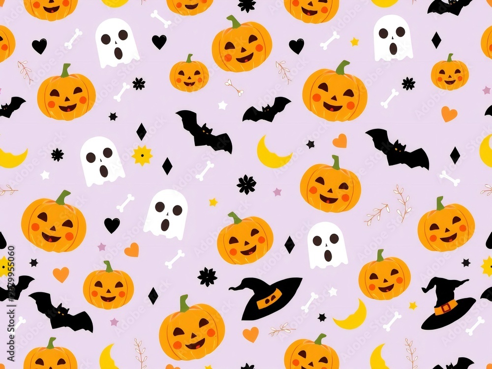 Fototapeta premium Halloween-themed background featuring jack-o'-lanterns, bats, and witches.