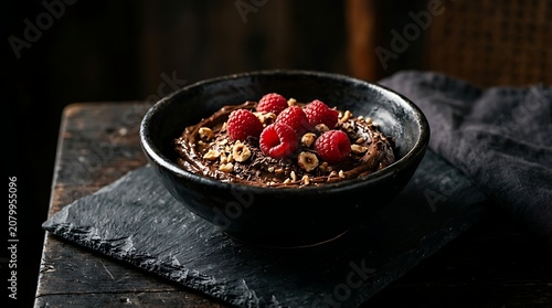 Rich chocolate mousse with fresh raspberries and hazelnuts