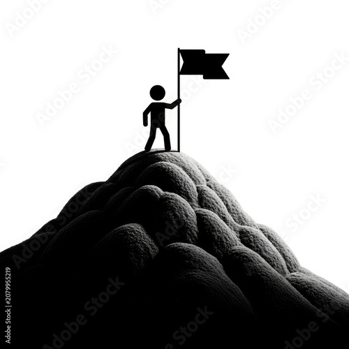 Person standing on mountain peak with flag.