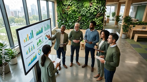 Business team analyzing sustainability metrics in a modern green office