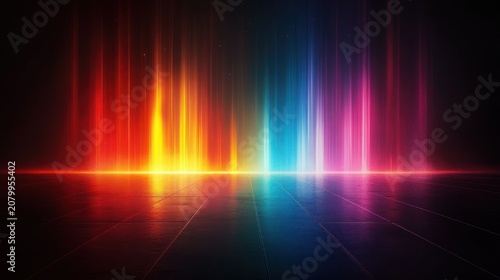 Vibrant multicolored vertical light pillars rising from a glowing horizon over a reflective tiled floor in a dark space, neon spectrum creating an energetic awe-inspiring futuristic atmosphere