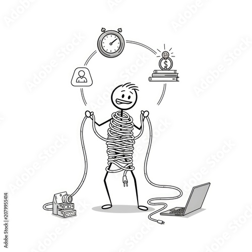 Person wrapped in cords and cables.