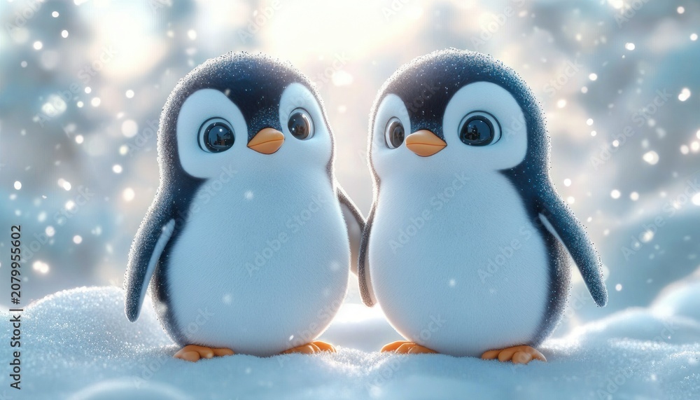 Fototapeta premium two adorable baby penguins standing close on soft snow with falling snowflakes and warm glowing bokeh, affectionate joyful winter scene