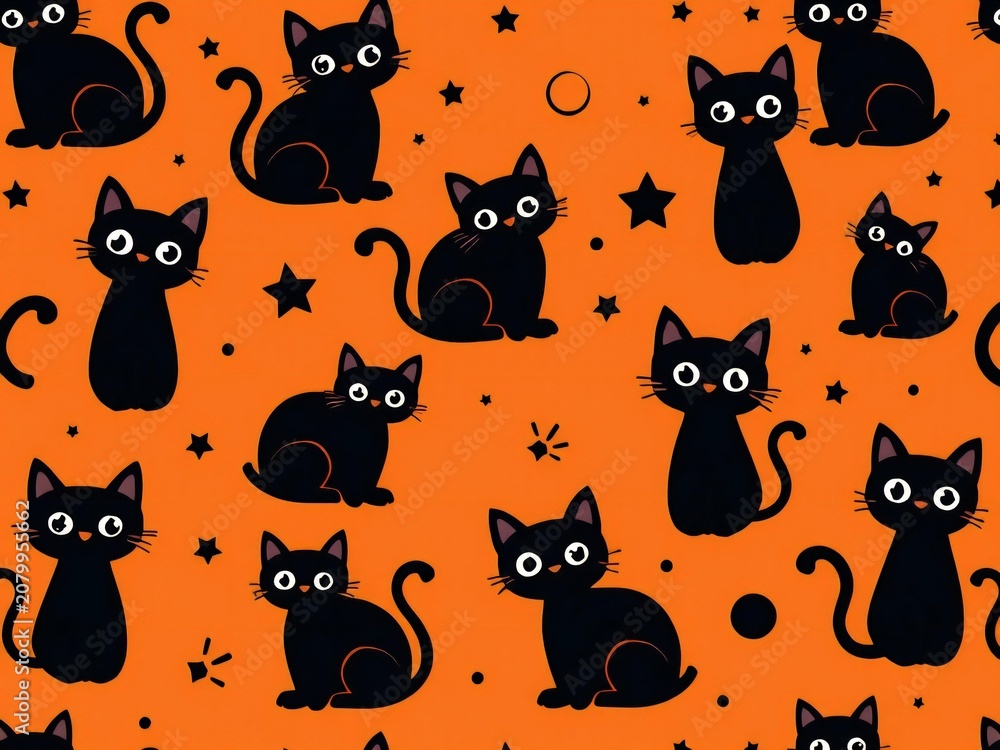 Fototapeta premium A playful pattern of black cats with glowing eyes on an orange background