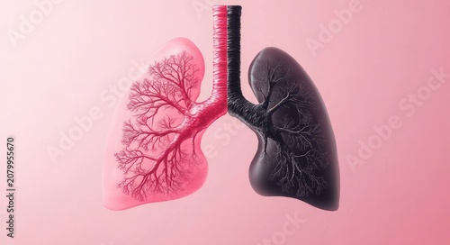 split pair of human lungs with pink healthy left lung showing tree-like bronchi and a blackened right lung connected to trachea on soft pink background, conveying contrast and concern