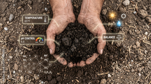 Hands Holding Soil with Temperature pH Control Balance Icons and Molecular Structure on Ground