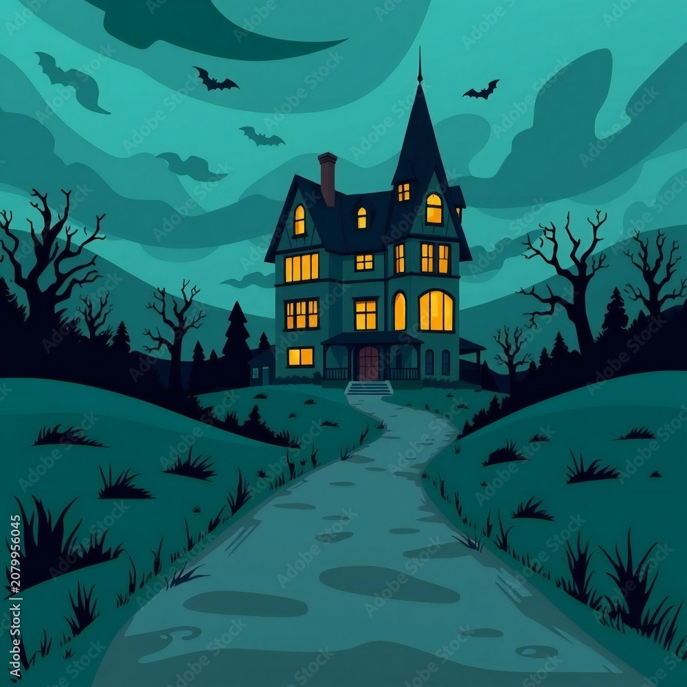 Fototapeta premium An old, mysterious mansion stands alone in a dark, eerie forest at dusk