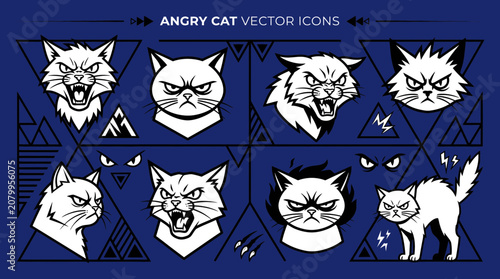 Foto Angry Cat Vector Icons Set, Feline Emotions, Aggressive Pet Faces, Vector Art