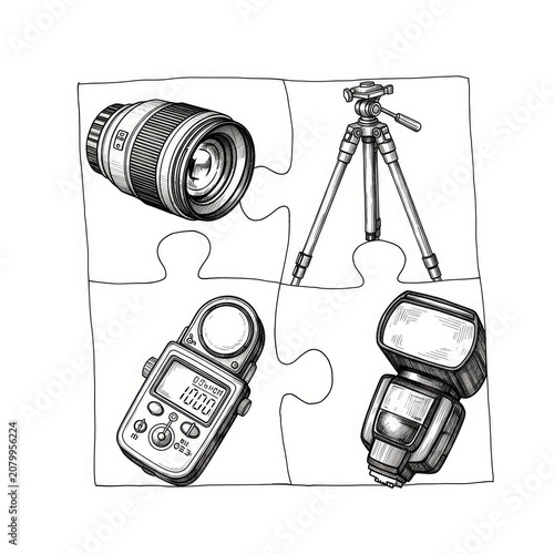 Photography equipment puzzle pieces together.