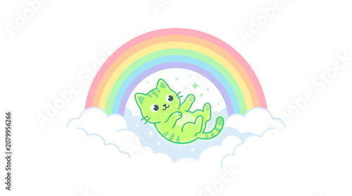 Cute Green Cat Floating on Clouds Under Rainbow