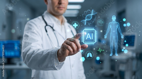 Doctor in White Lab Coat Interacting with AI Medical Interface in Hospital Setting with Futuristic Elements