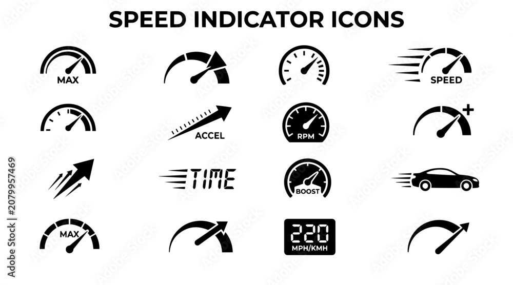 Obraz premium A collection of black and white icons representing speed, acceleration, and performance metrics for various applications.