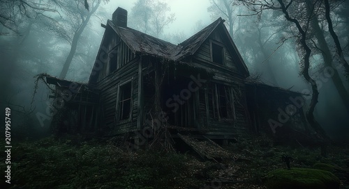 Abandoned dilapidated wooden house with broken windows and sagging porch, overrun by vines and roots in a foggy moss-covered forest, eerie and foreboding mood