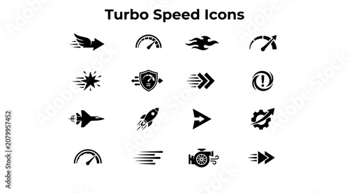 Bild auf Leinwand A collection of black and white icons symbolizing speed, velocity, acceleration, and power in various forms