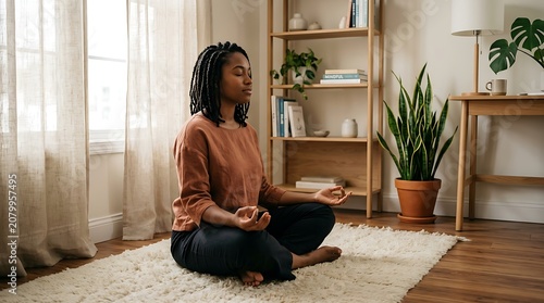 Black woman meditating in a sunlit living room for wellness