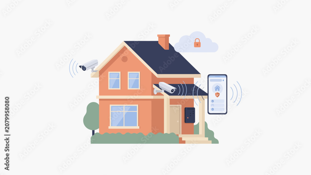 Fototapeta premium Modern Home Security System with Surveillance Cameras and Mobile Monitoring App for Enhanced Protection and Peace of Mind
