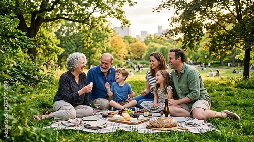 Happy multi-generational family enjoying a picnic in a sunny park