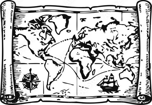 Obraz na płótnie Antique world map unrolling with compass rose and sailing ship during exploratio