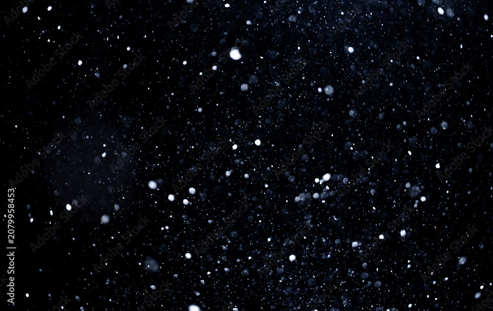 Fototapeta premium Snowflakes on transparent background. Heavy snowfall with flying particles. Snow overlay texture on black background. Falling snowflakes creating winter ambiance. Realistic snowfall layer.