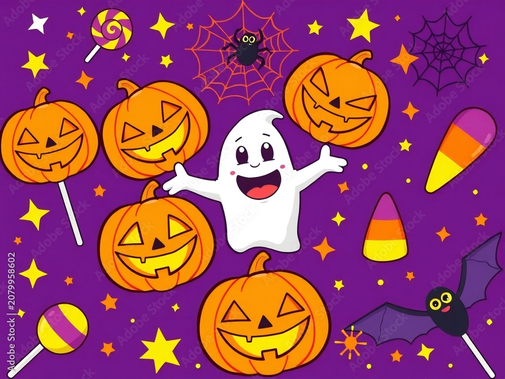 Fototapeta premium Happy ghost surrounded by jack-o-lanterns and candy on a purple background