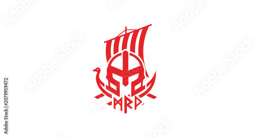Konstfotografi Red viking helmet and longship emblem with runic text