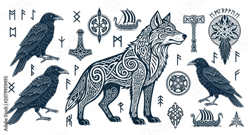 Tableau sur toile Norse mythology wolf and ravens with runes and ancient symbols