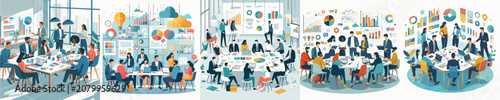 Modern flat vector illustration of diverse business team collaborating in office