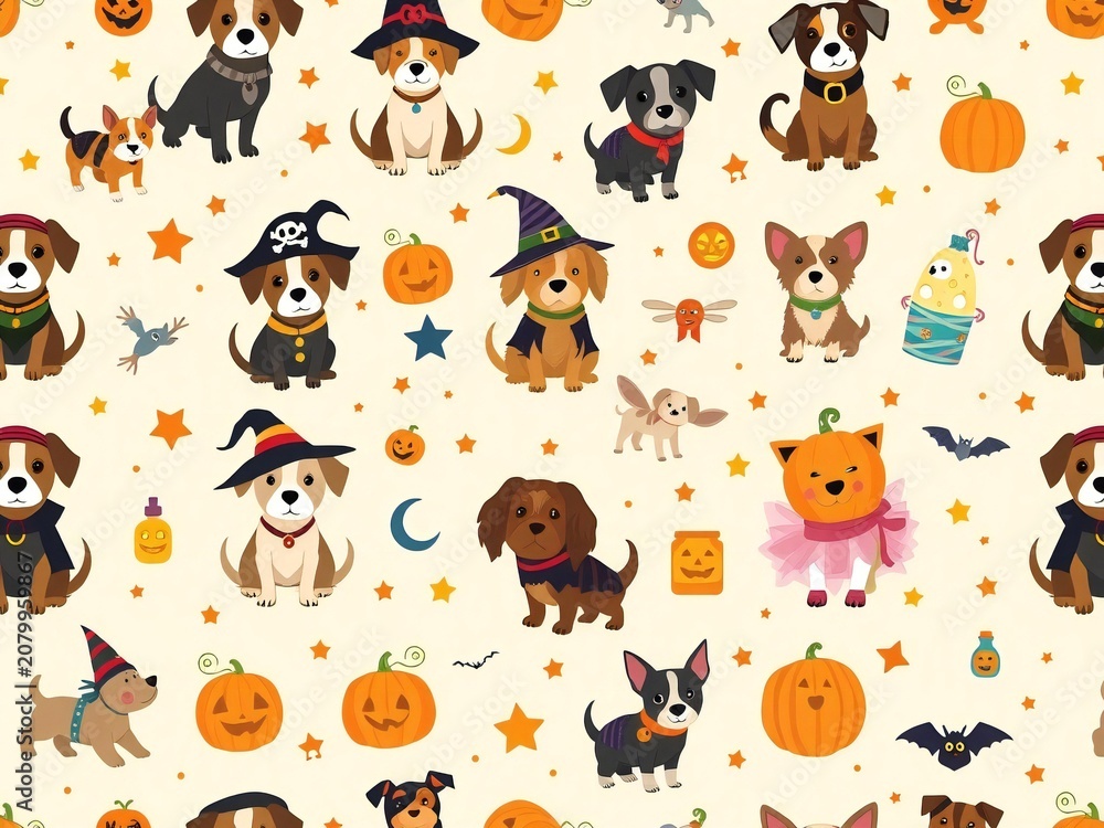 Obraz premium Cute dogs in adorable halloween costumes with pumpkins and bats