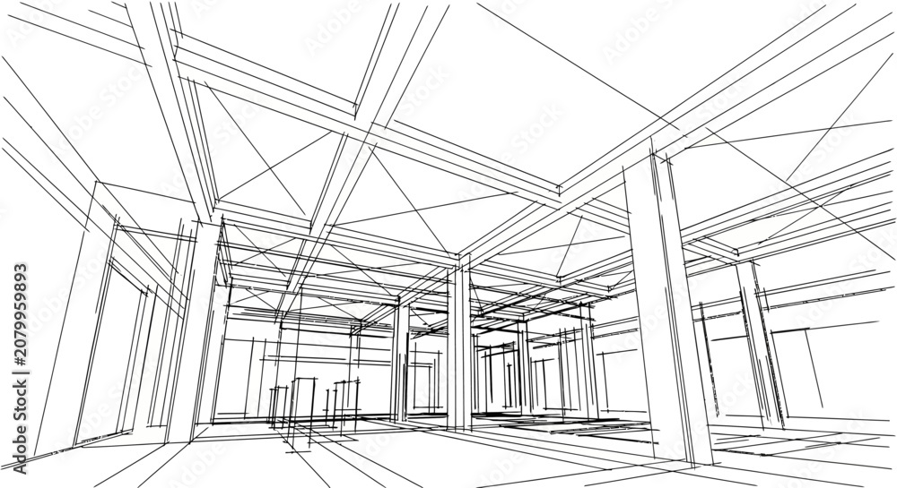 Fototapeta premium Modern architectural draft illustration showing a perspective wireframe view of a minimalist interior space with structural beams
