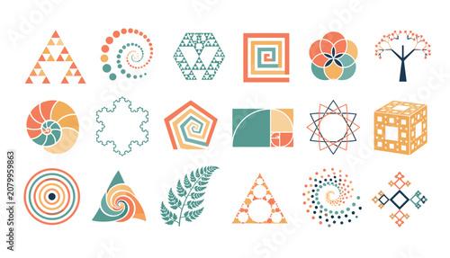 Geometric shapes and symbols.
