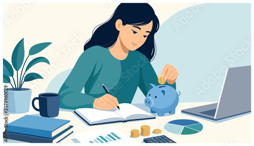 Woman Saving Money At Desk.