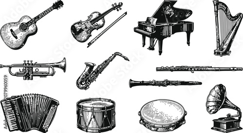 Photography Collection of vintage musical instruments rendered in a detailed etching style a