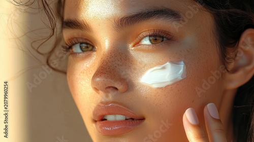 close up portrait of a young woman with freckles applying white facial cream under her eye in warm sunlight, glowing skin, soft smile and serene confident expression
