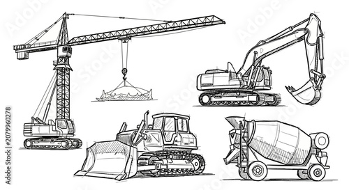 Hand-drawn architectural sketches of heavy construction vehicles including crane, excavator, bulldozer, and cement mixer equipment set