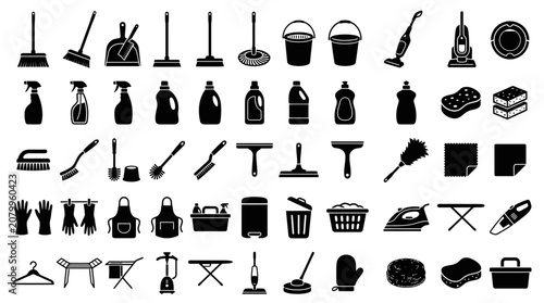 Cleaning supplies and tools icons.