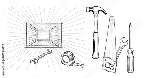 Hand Drawn Construction Tools and Architectural Sketch Design Elements for Home Renovation and Building Project Planning Illustration