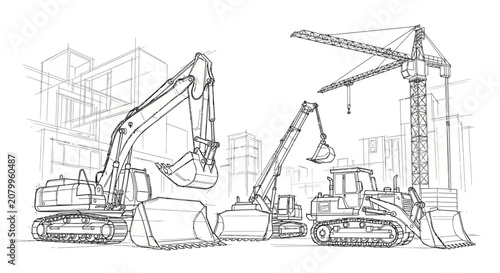 Line art sketch of heavy construction machinery including excavator bulldozer and crane on an architectural urban building site project