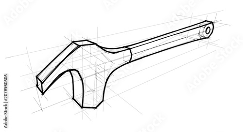 Conceptual architectural perspective sketch of a hammer tool in industrial design style