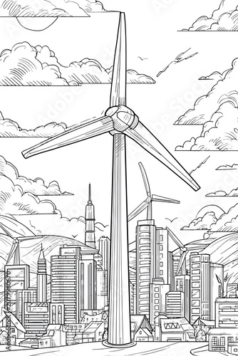 Wind turbines in the city coloring page.