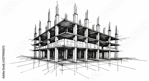 Hand Drawn Architectural Sketch of a Multi Story Concrete Building Structure Under Construction for Urban Real Estate Development Projects